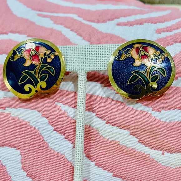 O6-BUNDLE ONLY!-Vintage Cloisonne Floral Butterfly Pierced Earrings - Picture 3 of 7